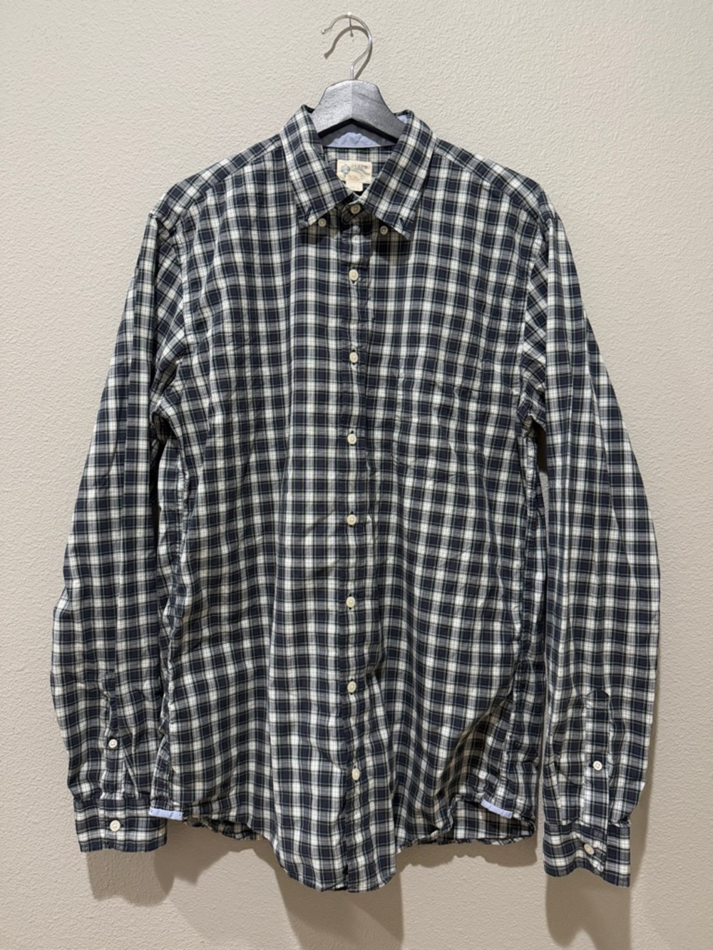 J Crew 100% Cotton Navy Blue Plaid Long Sleeve Button Down Shirt Size L Tall